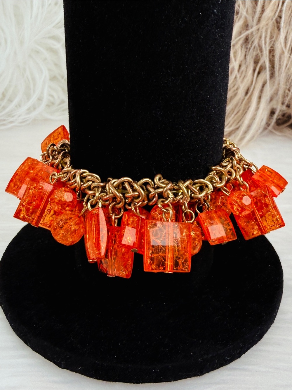 Orange Chunky Stretch Charm Bracelet Gold Tone Statement Vintage Estate